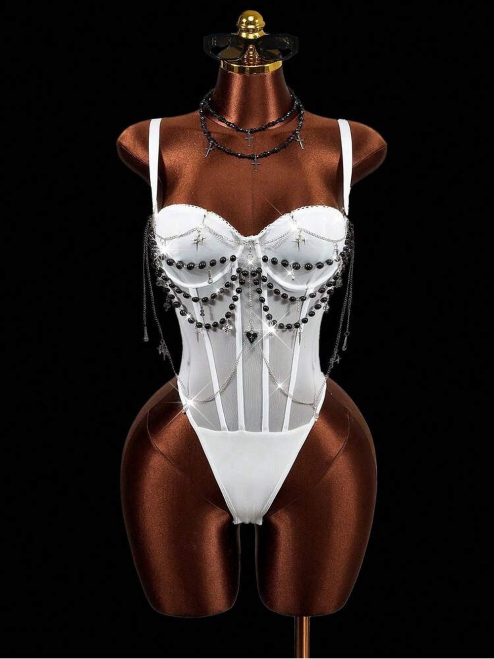 Elegant White Corset Bodysuit with Chain Detail
